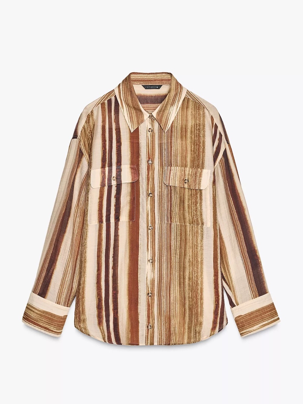 Zara Striped Button-Down Shirt in Brown and Cream